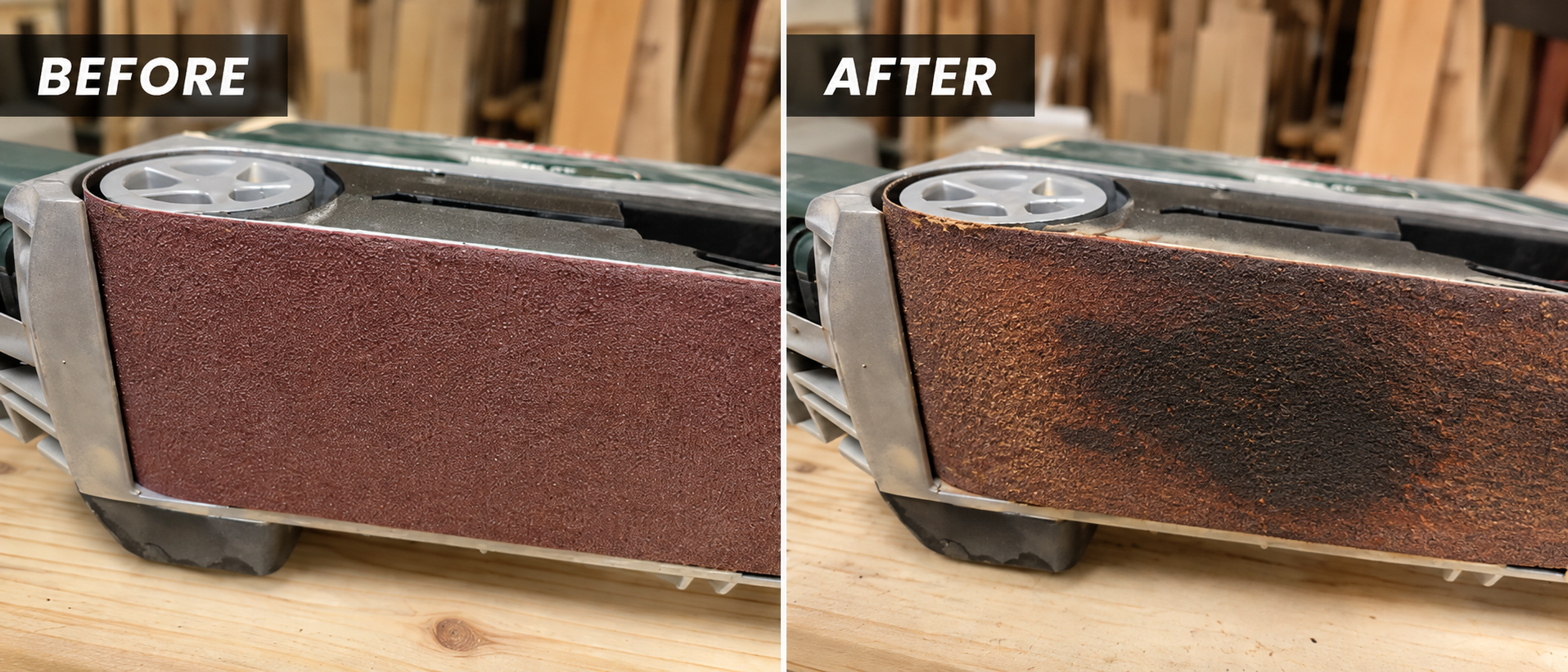 Close-up of a clogged sanding belt