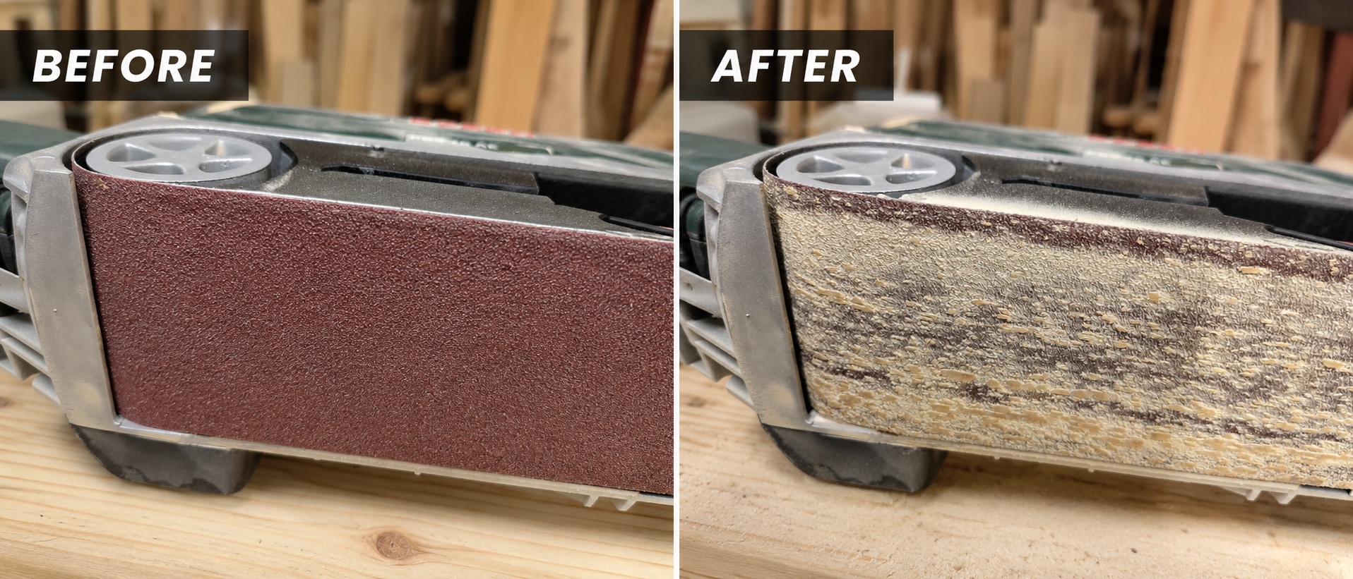 Comparison showing a clean sanding belt and a clogged sanding belt