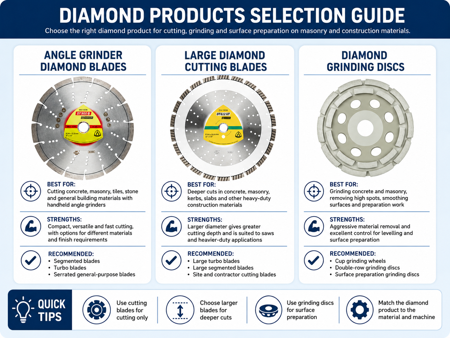 Diamond Products Selection Guide comparing Angle Grinder Diamond Cutting Blades, Large Diamond Cutting Blades and Diamond Grinding Discs with their best uses and applications.