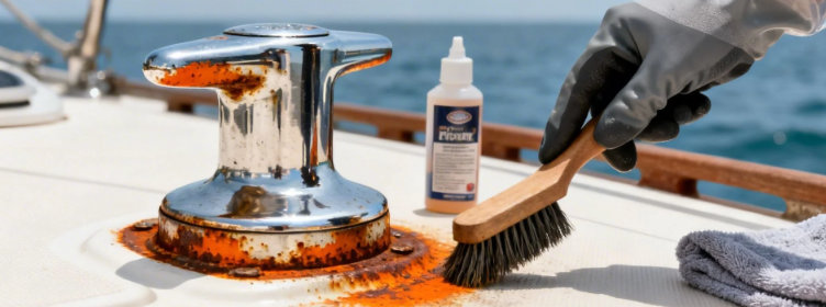 Removing-rust-from-boat-deck-with-hand-wire-brush