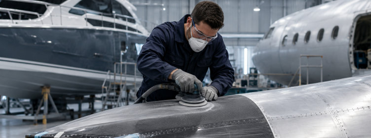 Sanding-aluminium-wing-on-plane-next-to-boat